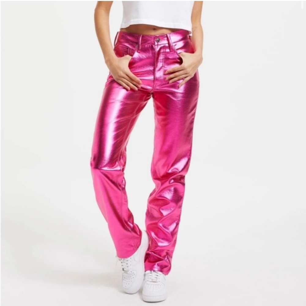 Good American Shiny Pink Straight Leg Pants